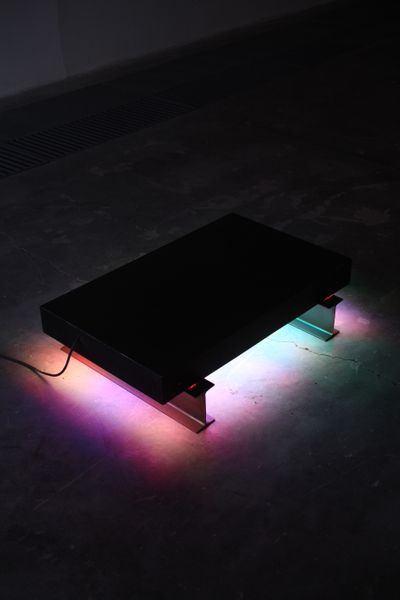 Chen Wei, Trouble #17033 (2017). LED display module, LED display control card, iron plate, joist steel. 48 x 80 x 8.5 cm. Exhibition view: Chen Wei, ShanghART, Beijing (21 May–25 June 2017).