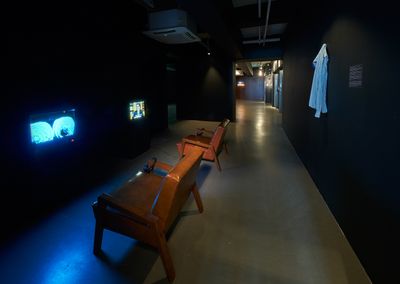 Ellen Pau, Blue (1989–1990); TV Game of the Year (1989) (left to right). Exhibition view: What About Home Affairs?, Para Site, Hong Kong (8 December 2018–17 February 2019). Courtesy Para Site.