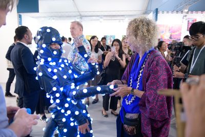 Artist Lilibeth Cuena Rasmussen interacting with guests at S.E.A. Focus, Singapore (16–19 January 2020). Courtesy STPI – Creative Workshop & Gallery.