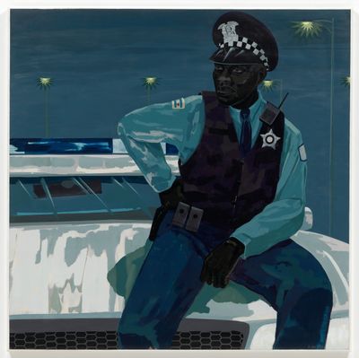 Kerry James Marshall, Untitled (policeman) (2015). Synthetic polymer paint on PVC panel with plexi frame. 152.4 x 152.4 cm.