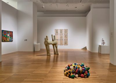 Exhibition view: Work by Mohamed Ahmed Ibrahim and Hassan Sharif in But We Cannot See Them: Tracing a UAE Art Community, 1988–2008, NYUAD Art Gallery, Abu Dhabi (2 March–26 August 2017).
