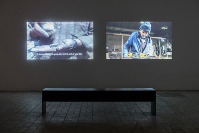 Hiwa K, The Bell Project (2007/2015). Two-channel video installation. Exhibition view: Don't Shrink Me to the Size of a Bullet, KW Institute for Contemporary Art, Berlin (2 June–13 August 2017).