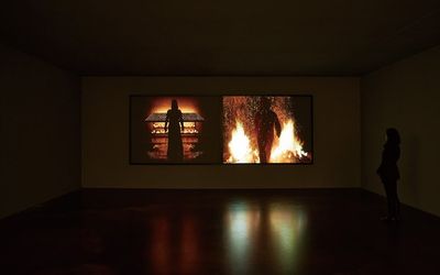 Bill Viola, Night Vigil (2005/2009). Colour rear-projection video diptych, two large screens mounted on wall in dark room. 18:06 min. Exhibition view: Bill Viola, Kukje Gallery, Seoul (5 March–3 May 2015).