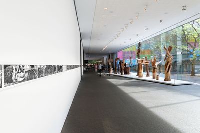 Kerry James Marshall, Untitled: Rythm Mastr Daily Strip (2018) (left); Thaddeus Mosley, (TITLE) (Date) (right). Exhibition view: 57th Carnegie International, Pittsburgh (13 October 2018–25 March 2019). © Carnegie Museum of Art. Photo: Bryan Conley.