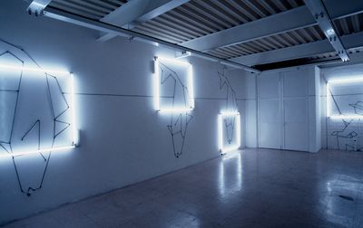 Iván Navarro, Camping Day (1996). Fluorescent light tubes, electric wall cables, electric energy. Approxinately 500 square feet. Exhibition view: thesis show, Catholic University, Santiago, Chile. Courtesy the artist.