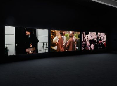 John Akomfrah, The Unfinished Conversation (2012). Exhibition view: John Akomfrah: Signs of Empire, New Museum, New York (20 June–2 September 2018). Courtesy Smoking Dogs Films and Lisson Gallery. Photo: Maris Hutchinson / EPW Studio.