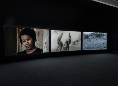 Akomfrah, The Unfinished Conversation (2012). Exhibition view: John Akomfrah: Signs of Empire, New Museum, New York (20 June–2 September 2018). Courtesy Smoking Dogs Films and Lisson Gallery. Photo: Maris Hutchinson / EPW Studio.