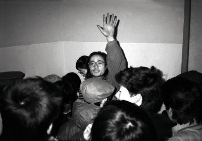 Wu Shanzhuan performing Big Business (Selling Shrimps) as part of China/Avant-Garde, National Art Museum of China, Beijing (5 February 1989). Courtesy the artist.