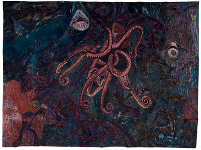 Pacita Abad, My Fear of Night Diving: Assaulting the Deep Sea (1985). Oil, acrylic, cotton, yarn, broken glass, plastic beads and buttons, stitched padded canvas. 334 x 439 cm.
