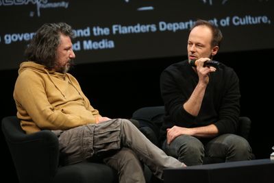 Cristos Giovanopoulos and Robin Vanbesien during Q&A of Under These Words (Solidarity Athens 2016) (2017), transmediale 2019, Berlin (31 January–3 February 2019). Courtesy transmediale. Photo: Adam Berry.