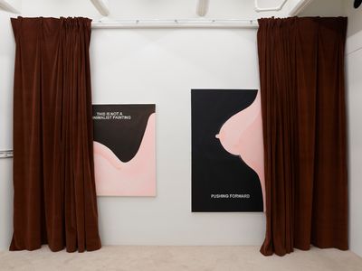 Laure Prouvost, The Hidden Paintings Grandma Improved – This Is Not A Minimalist Painting (2018). Oil and acrylic on canvas. 150 x 140 x 4 cm; The Hidden Paintings Grandma Improved – Pushing Forward (2018). 200 x 150 x 4 cm (left to right). Exhibition view: Laure Prouvost, Lisson Gallery, New York (9 March–14 April 2018). Courtesy © the artist and Lisson Gallery, New York/London.