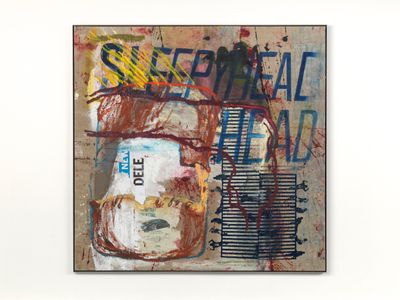 Mandy El-Sayegh, Untitled (sleepy head) (2018). Oil and mixed media on linen with artist stainless steel frame. 145 x 159 cm. Courtesy the artist and Lehmann Maupin.