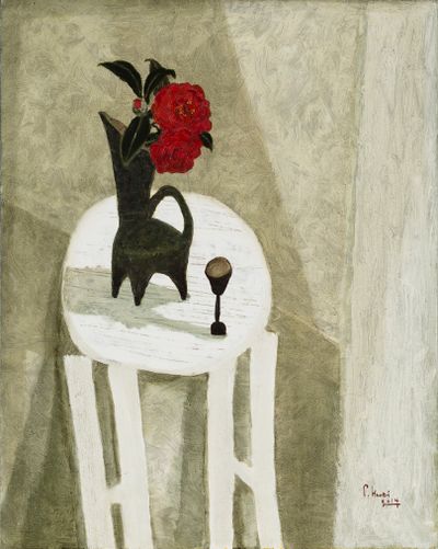 Dong Shawhwei, Red Camellia on white table (2014). Oil on canvas. 91 x 73 cm. Courtesy the artist.