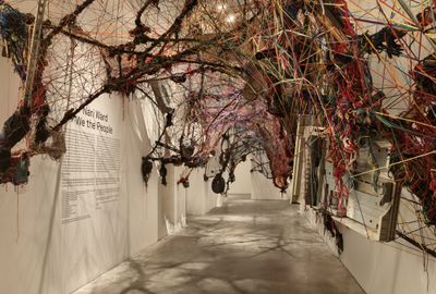 Nari Ward, Hunger Cradle (1996). Yarn, rope, found materials. Dimensions variable. Exhibition view: We the People, New Museum, New York (13 February–26 May 2019). Courtesy New Museum. Photo: Maris Hutchinson/EPW Studio.