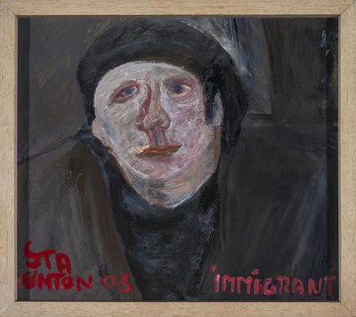 Madonna Staunton, Immigrant (2008). Synthetic polymer paint on card. 23 x 26 cm (25.5 x 28.5 x 2.6 cm framed). Acquired by Julie Kelso through Trace Auction.