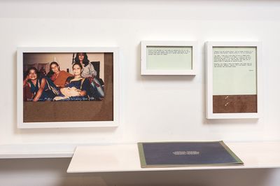 Photograph of Arpita Singh, Nilima Sheikh, Madhvi Parekh and Nalini Malani alongside quotes from the artists. Exhibition view: Shilpa Gupta: That photo we never got, Asia Art Archive Library, Hong Kong (21 March–21 May 2016). Courtesy Asia Art Archive.