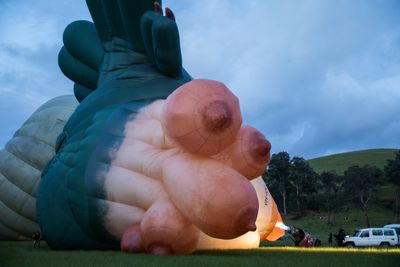 Patricia Piccinini, Skywhale (2013), flying accross the Yarra Vallery to mark the opening of Patricia Piccinini & Joy Hester: Through love... (24 November 2018–11 March 2019). Courtesy the artist, the Australian Capital Territory Government, Tolarno Galleries, Melbourne, and Roslyn Oxley9 Gallery, Sydney. Photo: Rick Liston. 