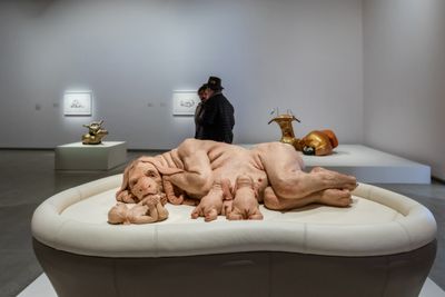 Patricia Piccinini, The Young Family (2002). Exhibition view: Patricia Piccinini & Joy Hester: Through love ..., TarraWarra Museum of Art (25 November 2018–11 March 2019). Collection: Bendigo Art Gallery, Victoria; RHS Abbott Bequest Fund 2003. Courtesy the artist, Tolarno Galleries, Melbourne, and Roslyn Oxley9 Gallery, Sydney. Photo: Rick Liston.