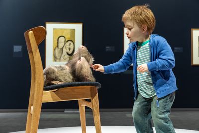 Patricia Piccinini, Doubting Thomas (2008). Exhibition view: Patricia Piccinini & Joy Hester: Through love ..., TarraWarra Museum of Art (25 November 2018–11 March 2019). Collection: McClelland Sculpture Park + Gallery, Langwarrin, Victoria; Purchased in 2010, The Elisabeth Murdoch Sculpture Foundation. Courtesy the artist, Tolarno Galleries, Melbourne, and Roslyn Oxley9 Gallery, Sydney. Photo: Rick Liston.