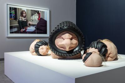 Patricia Piccinini, Tyre Lion (2018), Tyre Lion Cubs (2018), and Tyre Lion Infants (2018). Exhibition view: Patricia Piccinini & Joy Hester: Through love ..., TarraWarra Museum of Art (25 November 2018–11 March 2019). Collection of the artist. Courtesy the artist, Tolarno Galleries, Melbourne, and Roslyn Oxley9 Gallery, Sydney. Photo: Rick Liston.