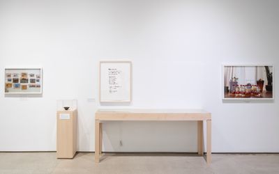 Patty Chang, Mourning Sickness (2017); Chinese tea bowl; God Boom (2017); Configurations (bottles) (2017) (left to right). Exhibition view: Patty Chang: The Wandering Lake, 2009–2017, Institute of Contemporary Art, Los Angeles (17 March–4 August 2019). Courtesy Institute of Contemporary Art, Los Angeles.
