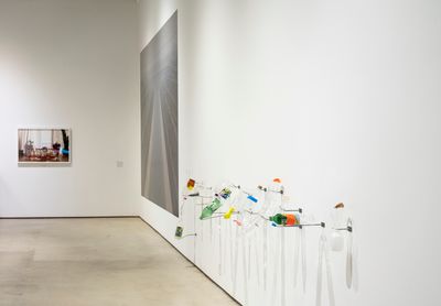 Patty Chang, Configurations (bottles) (2017); Configurations (Aqueduct) (2017); Glass urinary devices (2017) (left to right). Exhibition view: Patty Chang: The Wandering Lake, 2009–2017, Institute of Contemporary Art, Los Angeles (17 March–4 August 2019). Courtesy Institute of Contemporary Art, Los Angeles.