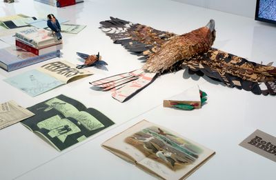 Raquel Ormella, Bird Hunter (2004–2018) (Detail). Objects from the artist's collection: books, field guides, zines, stamps, paper binoculars, ceramic and paper birds, drawings; objects from SAM's ceramics collection. Dimensions variable. Exhibition view: I hope you get this: Raquel Ormella, Shepparton Art Museum, Shepparton (26 May–12 August 2018).