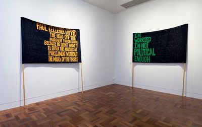 Raquel Ormella, I'm worried this will become a slogan (Paul Kelleher) (1999–2009). Double-sided banner, sewn wool and felt. 128 x 202 cm; I'm worried this will become a slogan (Xanana Gusmao) (1999–2009). Double-sided banner, sewn wool and felt. 128 x 202 cm (left to right). Exhibition view: I hope you get this: Raquel Ormella, Shepparton Art Museum, Shepparton (26 May–12 August 2018).