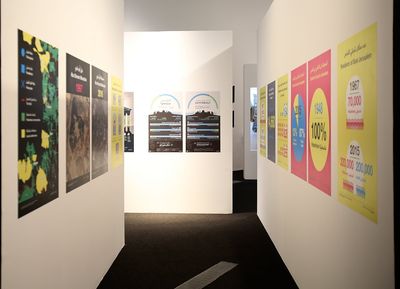 Exhibition view: Infographs on the effects of Judaization policies on Jerusalem in the ‘Political and Environmental’ section of Jerusalem Lives (Tahyah Al Quds), Palestinian Museum, Birzeit (27 August 2017–31 January 2018). Courtesy Palestinian Museum. Photo: © Hamoudi Shehadeh.