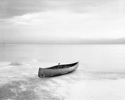 Simon Starling, Project for a Rift Valley Crossing, (2015–16). A canoe built to cross the Dead Sea Rift between Israel and Jordan using 90 kg of magnesium produced from 1900 litres of Dead Sea water. Set of 2 silver gelatin prints.