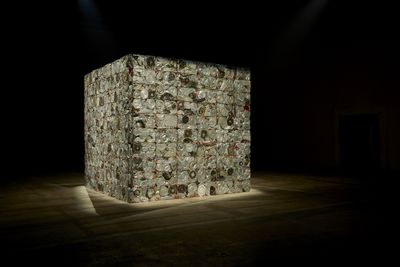 Subodh Gupta, Aakash, Pataal, Dharti (2016), aluminium, steel, fabric, resin, 132 x 132 x 132 inches.