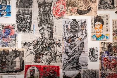 Sun Xun, Newspaper Paintings (2015–2018). Ink and colour on newspaper. Exhibition view: Sun Xun, Museum of Contemporary Art Australia, Sydney (9 July–14 October 2018). Courtesy the artist and Museum of Contemporary Art Australia. © Sun Xun. Photo: Jacquie Manning.