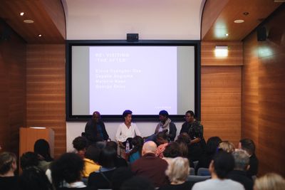 George Shire, Melanie Keen, Elvira Dyangani Ose and Sepake Angiama presenting 'Discussion: Re-visiting "the after"' as a part of the FORUM programme at 1-54 Contemporary African Art Fair, Somerset House, London (5–8 October 2017). Photo: © Katrina Sorrentino.
