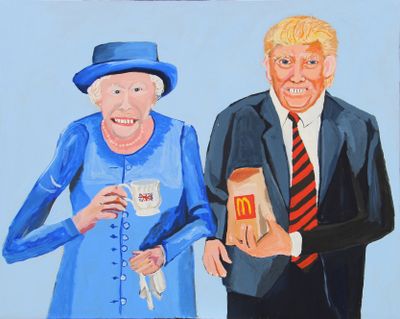 Vincent Namatjira, Queen Elizabeth & Donald (2018). Acrylic on linen. 122 x 155 cm. Courtesy the artist and THIS IS NO FANTASY dianne tanzer + nicola stein.