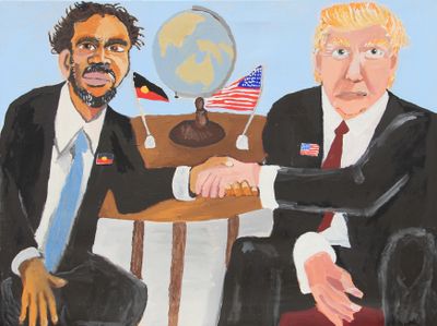 Vincent Namatjira, Vincent & Donald (The Handshake) (2018). Acrylic on linen. 910 x 122 cm. Courtesy the artist and THIS IS NO FANTASY dianne tanzer + nicola stein.
