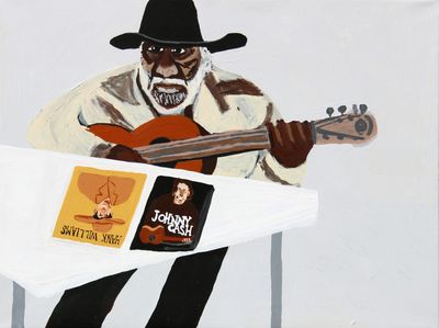 Vincent Namatjira, Jimmy Pompey playing guitar (2015). Acrylic on canvas. Courtesy the artist and THIS IS NO FANTASY dianne tanzer + nicola stein.