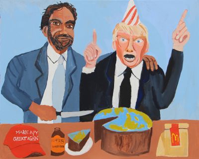 Vincent Namatjira, Vincent & Donald (Happy Birthday) (2018). 122 x 155 cm. Acrylic on canvas. Courtesy the artist and THIS IS NO FANTASY dianne tanzer + nicola stein.