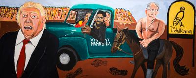 Vincent Namatjira, Welcome to Indulkana (2018). Acrylic on canvas. 122 x 304 cm. Courtesy the artist and THIS IS NO FANTASY dianne tanzer + nicola stein.