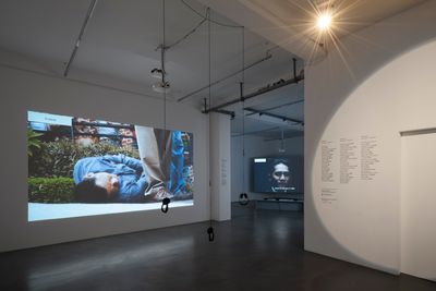 Lin Yilin, Golden Journey (2011); Ho Tzu Nyen, The Nameless (2015) (left to right). Exhibition view: Episode I, Urban Explosion, The D-Tale, Video Art from the Pearl River Delta, Times Art Center Berlin (1 December 2018–12 January 2019). Courtesy Times Art Center Berlin. Photo: graysc.de.