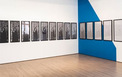 Xiao Lu, 15 Gunshots… From 1989 to 2003 (2003). 15 black and white digital prints, framd and then punctured by a bullet. 100 x 45 x 15cm. Printed in 2019=8, edition 12/15. Photos: Li Songsong. Exhibition view: Xiao Lu: Impossible Dialogues, 4A Centre for Contemporary Asian Art, Sydney (19 January–24 March 2019). Courtesy the artist. Photo: Kai Wasikowski (2019), for 4A Center for Contemporary Asian Art. 