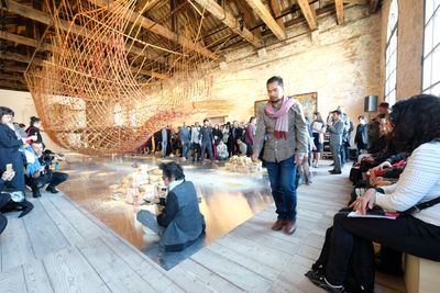 Zai Kuning and his team performing a ritual at the opening of the Singapore Pavilion, 57th Venice Biennale (13 May—26 November 2017).