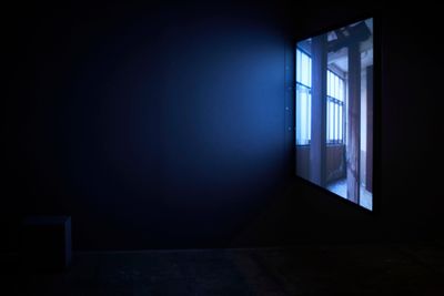 Video installation projected on single screen showing barred windows