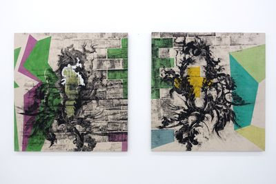 Left to right: Caroline Rothwell, Corpus 1-2; Corpus 3-4 (2020). Ink, wild fire + industrial emission, acrylic binder medium, chrome, acrylic paint on primed stretched Belgium linen (both). Exhibition view: Corpus, Yavuz Gallery, Singapore (20 March–18 April 2021).