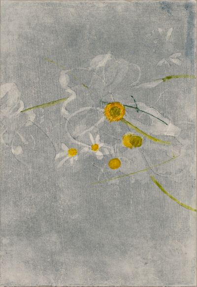 Three daisies are painted against a grey background, with a stem of green running across the canvas.