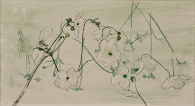 A series of white flowers dance across a faintly green-hued paper background.