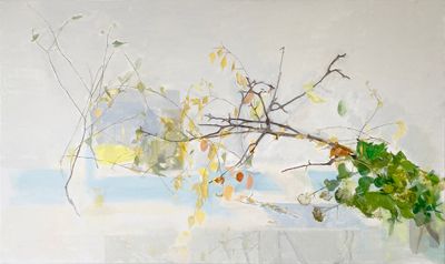 A mass of twigs and branches, some with sparingly painted leaves, is rendered on the canvas.