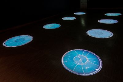 An installation by Cooking Sections features a series of circular structures that resemble fish farms. They are lit up and appear in a darkened gallery space.