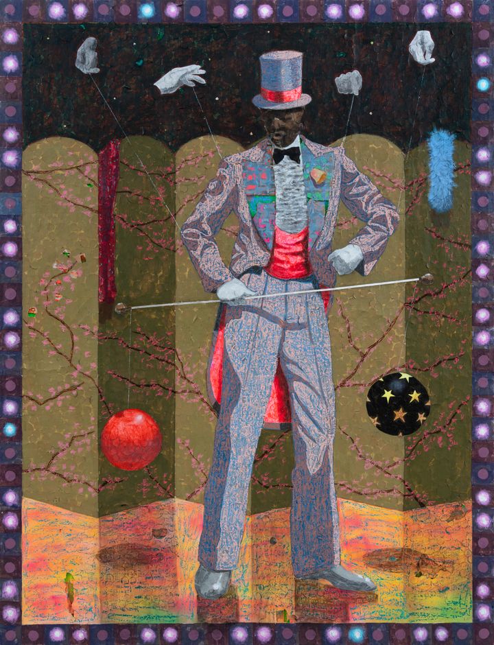 A man in a blue and pink-tinted suit and top hat is pictured dancing, with four puppeteer hands directing his movement. class=
