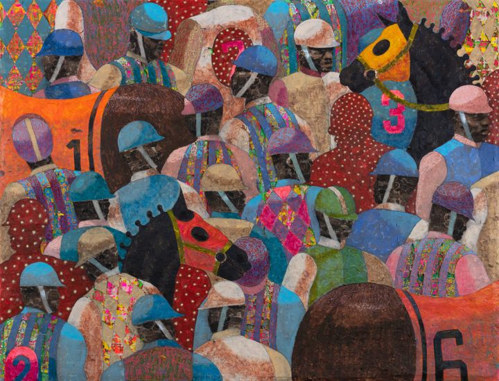 A crowd of jockeys and their horses are closely cropped so that they overlap one class=