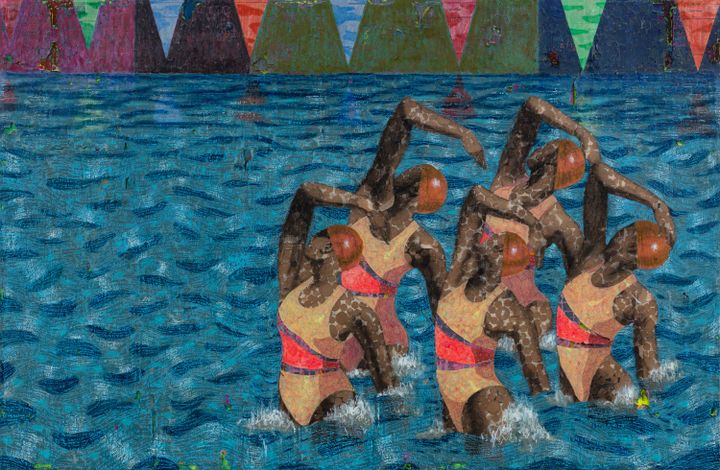 A painting by Derek Fordjour features a group of synchronised swimmers in the foreground, leaping from a swimming pool with colourful, triangular flags hanging at the top of the class=